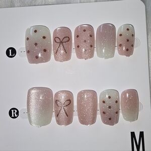 Pink and White Glitter Handmade Nail Set with Bow and Dot Design